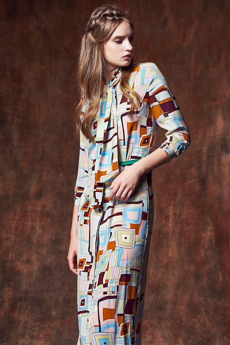 YUWEN Vintage Scarf Shirt Dress - Geometric Pattern - One Piece Dresses - Silk Multicolor