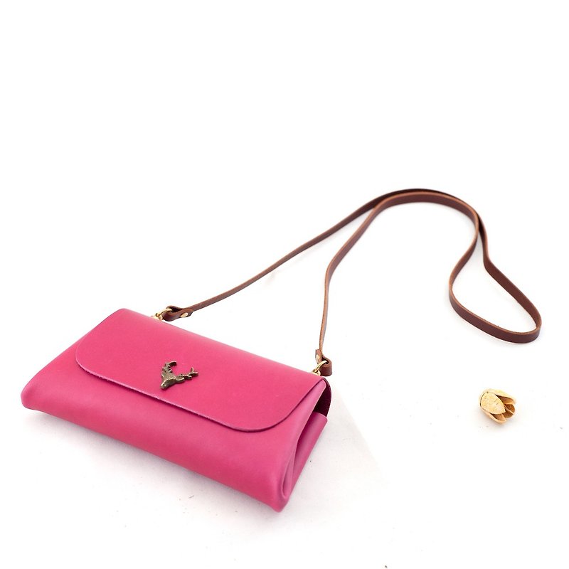 Folding small bag Genuine Leather Shoulder bag - Messenger Bags & Sling Bags - Genuine Leather Pink