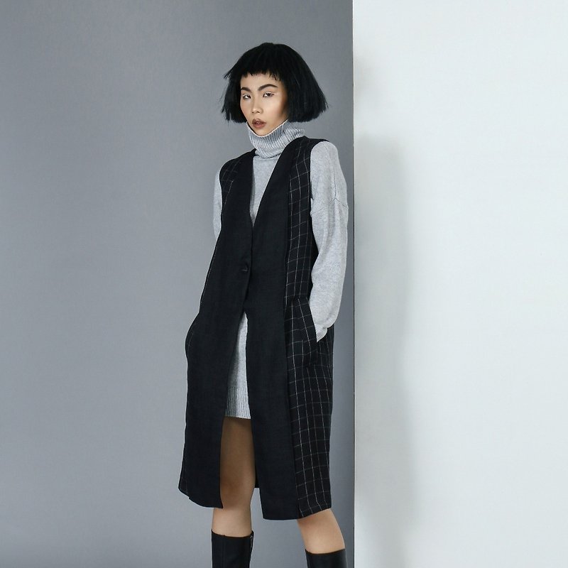 【Custom】Plaid vest - เสื้อกั๊กผู้หญิง - ผ้าฝ้าย/ผ้าลินิน สีดำ
