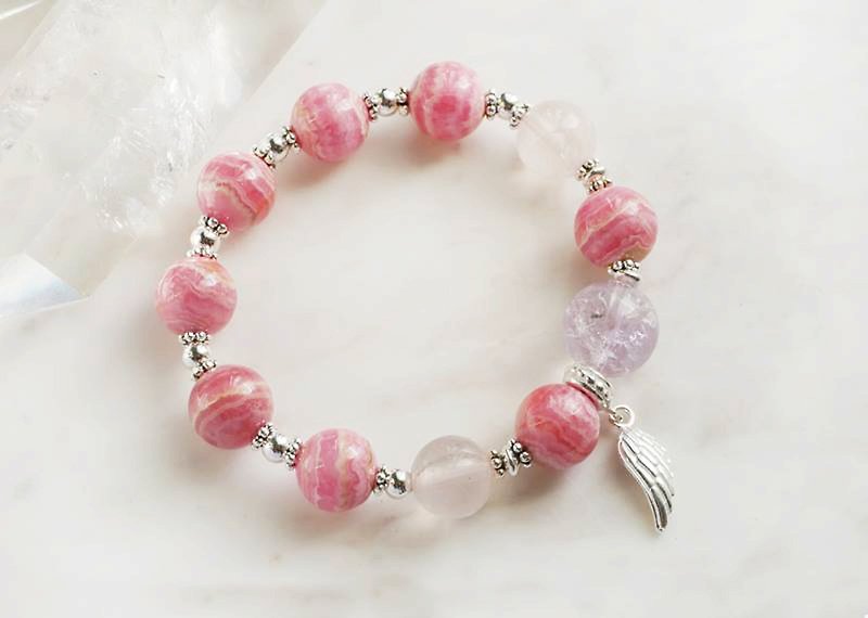Angel Message / Rhodochrosite Amethyst Pink Quartz Sterling Silver Bracelet - Bracelets - Other Metals Pink
