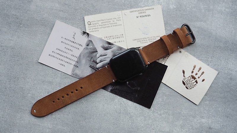 純手工牛皮磨砂黃棕色簡約款蘋果Applewatch錶帶 可客製化 可刻字 - 錶帶 - 真皮 咖啡色