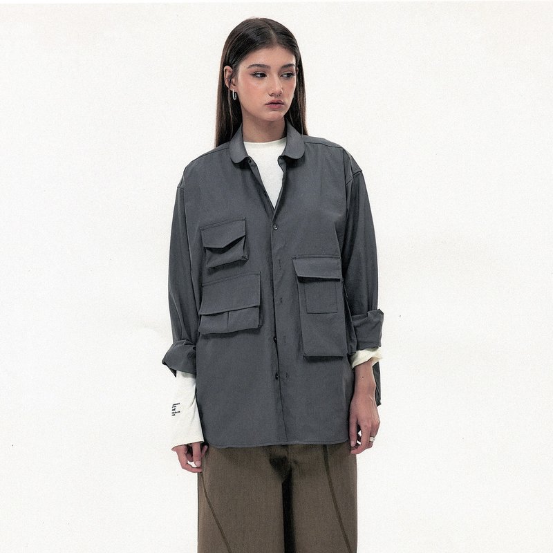 抗皺易打理 多口袋長袖圓領襯衫 雙插袋簡約寬松襯衣 - 男襯衫/休閒襯衫 - 其他材質 灰色