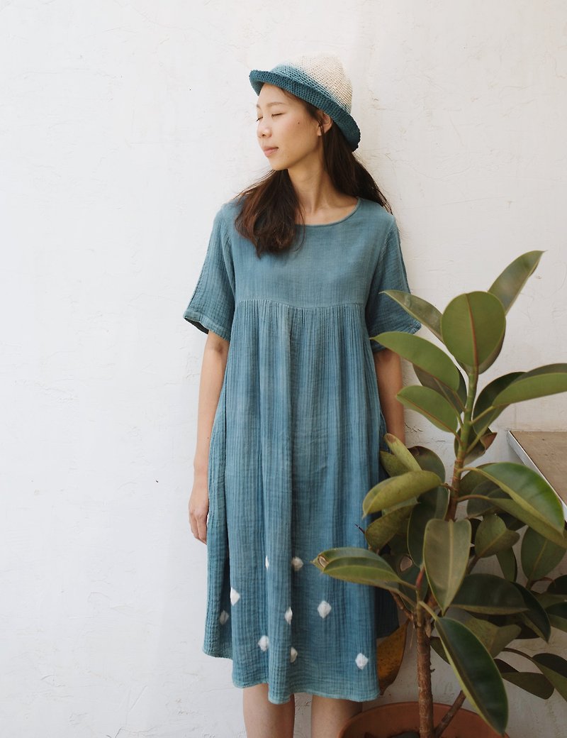 Natural Indigo dyed | double cotton dress - ชุดเดรส - ผ้าฝ้าย/ผ้าลินิน สีน้ำเงิน
