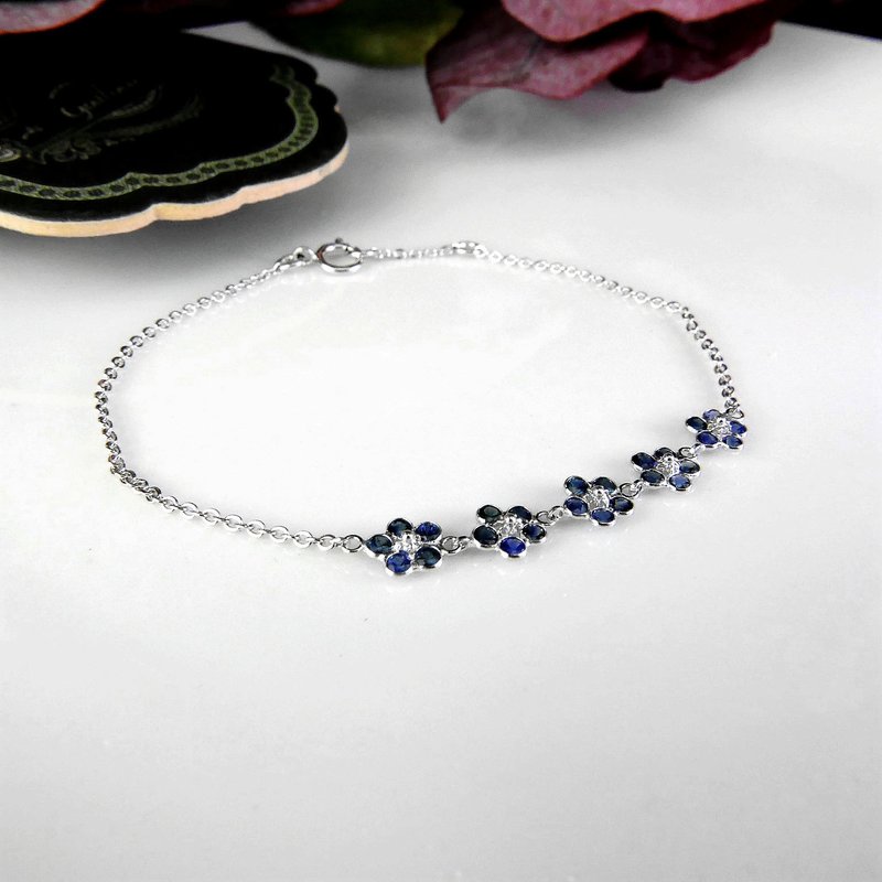 18K Little Lady Series|| Round small flower full sapphire|| Extremely thin and delicate bracelet - Bracelets - Precious Metals Blue