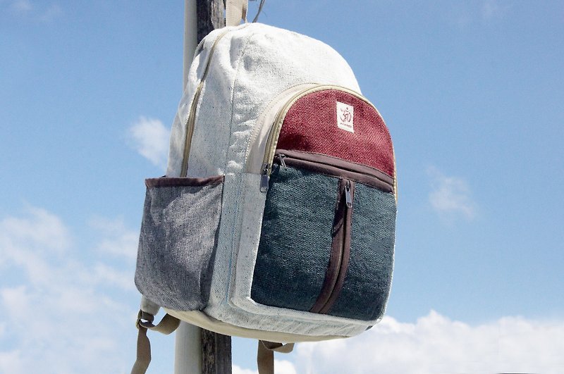 Christmas gift limited handmade natural cotton and linen stitching design backpack / shoulder bag / national mountaineering bag / puzzle package / hand weaving bag / computer bag - South American wind contrast color block geometry - Backpacks - Cotton & Hemp Multicolor