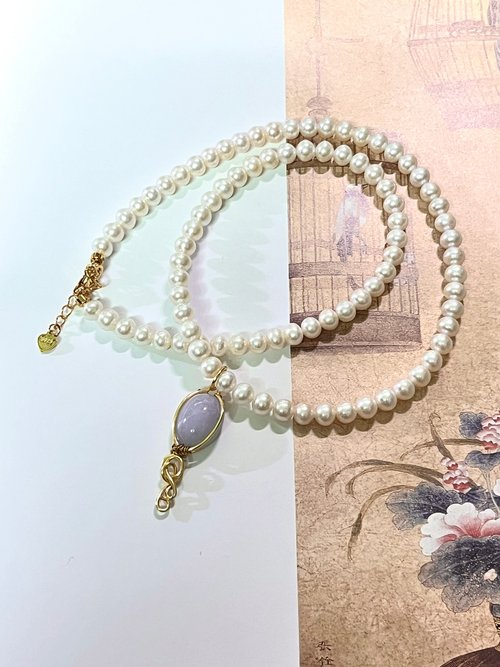 Angel's tears 天使之淚 Jewelry Design 天然緬甸玉 紫紅翡翠蛋面 金屬線條設計天然珍珠多圈手串項鍊