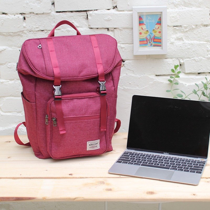 Double buckle large capacity backpack (14 吋 laptop OK) hemp red _100398 - กระเป๋าเป้สะพายหลัง - ผ้าฝ้าย/ผ้าลินิน สีแดง