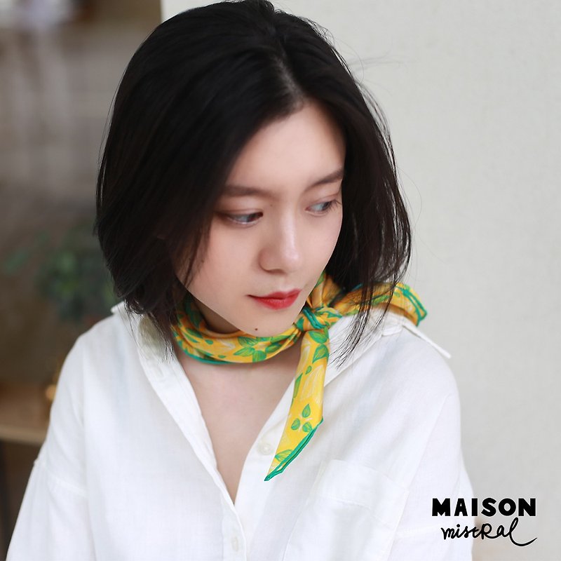 Maison Mistral artist's original illustration kaleidoscope series lemon yellow silk scarf silk square scarf - Scarves - Silk Yellow