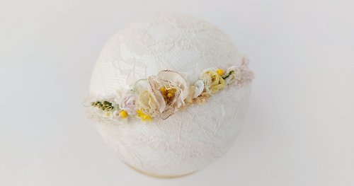 Propskids Boho Baby Headband with Flower Beige Yellow Lace, Newborn photo props
