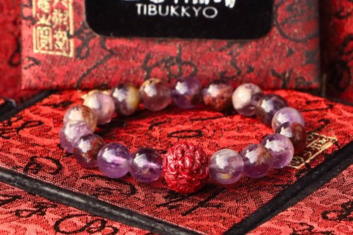 TIBUKKYO德榕藏品 天然紫幽靈手鍊 10mm 硃砂雕刻龍隔珠 客製化串珠設計 DIY飾品