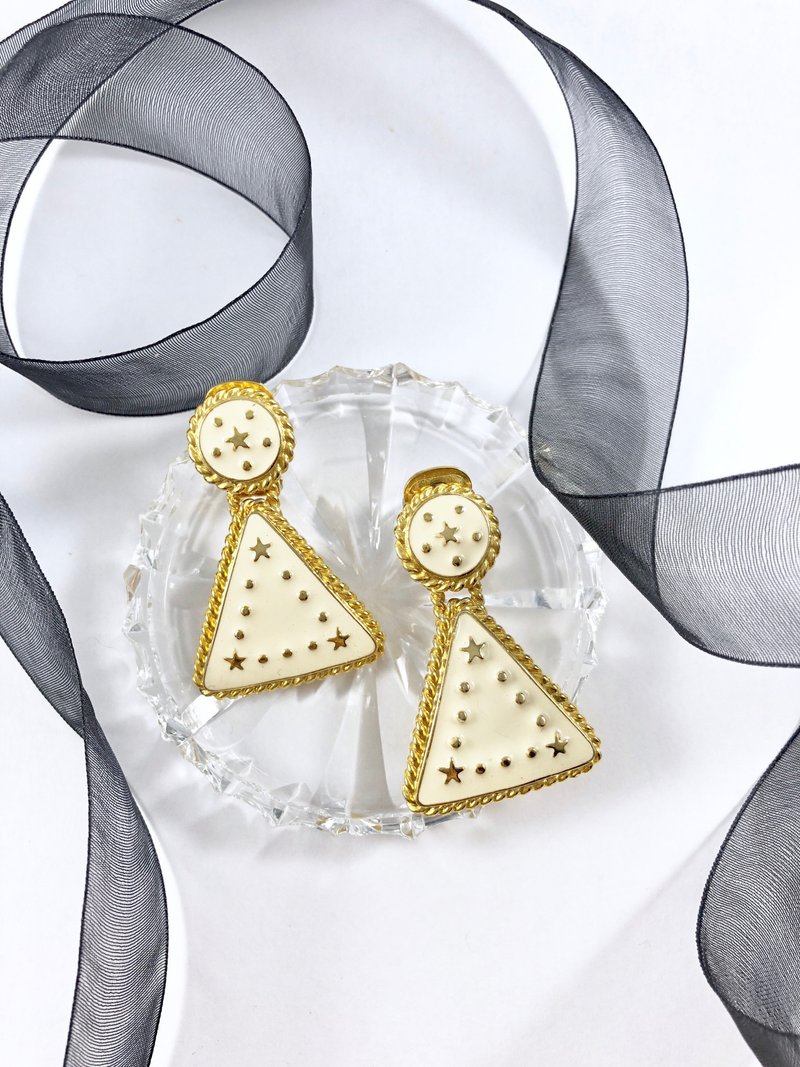 Vintage 70s Gold Stars Triangle Drop Earrings - 耳環/耳夾/耳骨夾 - 貴金屬 白色