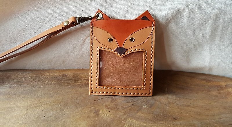 Naughty and cute fox pure cowhide identification card holder - can be engraved on the back (birthday, Valentine's gift) - ID & Badge Holders - Genuine Leather Brown