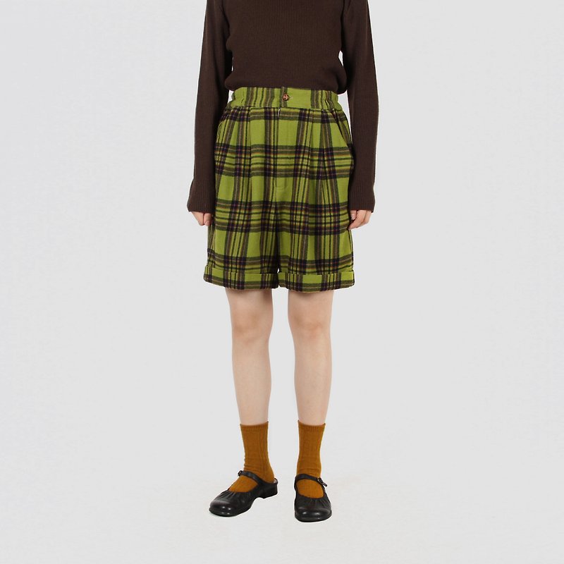[Egg plant vintage] Pea soup check wool vintage shorts - Women's Shorts - Wool Green