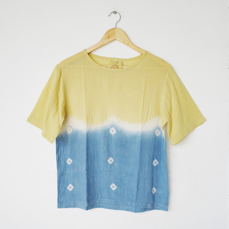 Yellow x Indigo dot shirt / 100% cotton / natural color - 女上衣/長袖上衣 - 棉．麻 藍色