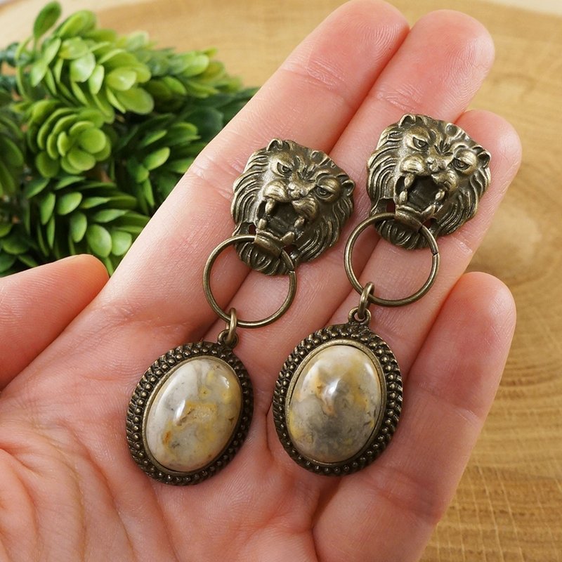 Lion Head Beige Yellow Gray Lace Agate Leo Large Long Bronze Earrings Jewelry - 耳環/耳夾/耳骨夾 - 半寶石 卡其色
