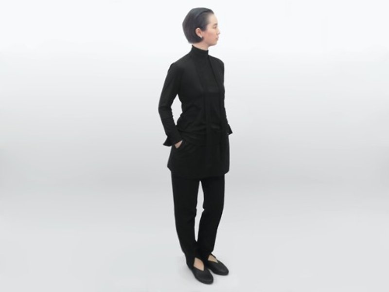 100% cotton/high neck/tie included/long sleeve cut and sew - Women's Tops - Cotton & Hemp Black