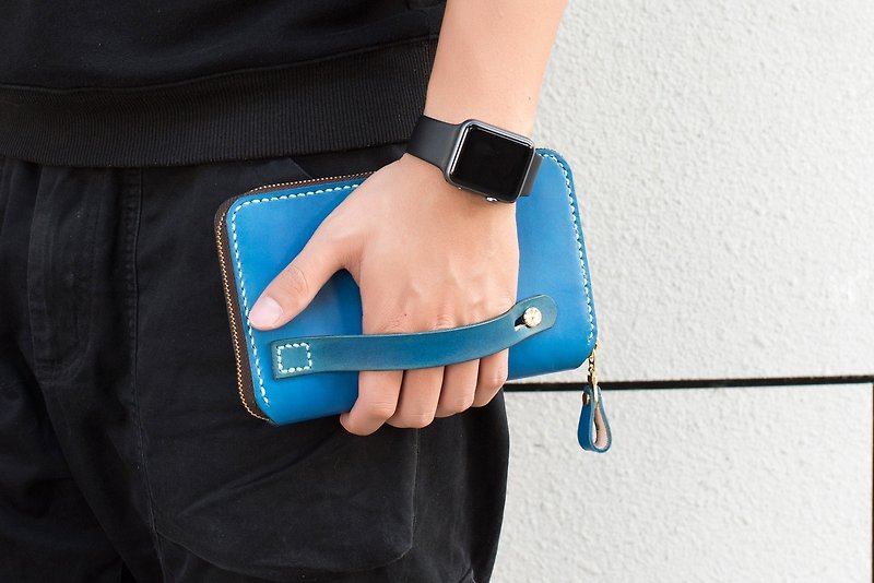 ALL IN ONE Large-capacity leather handmade retro zipper wallet business clutch passport bag - Clutch Bags - Genuine Leather Blue