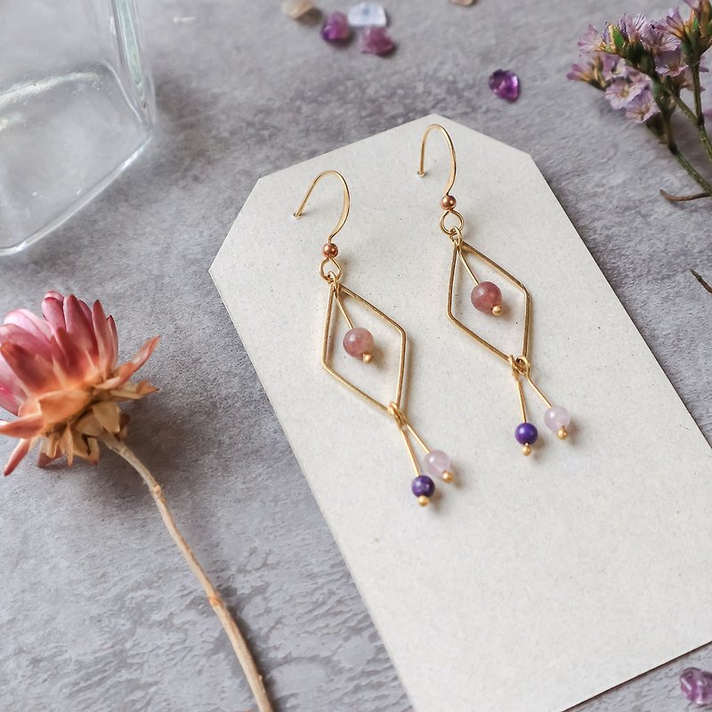 Natural stone geometric brass series earrings - conjecture - Earrings & Clip-ons - Copper & Brass Purple