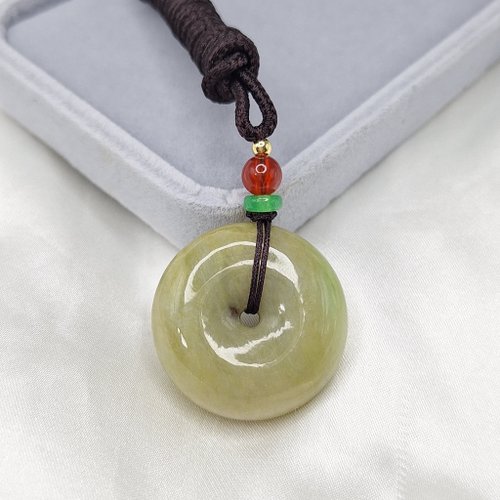 緣圓翡翠 天然濃黃翡飄綠花 平安扣吊墜 | 天然緬甸玉A貨翡翠