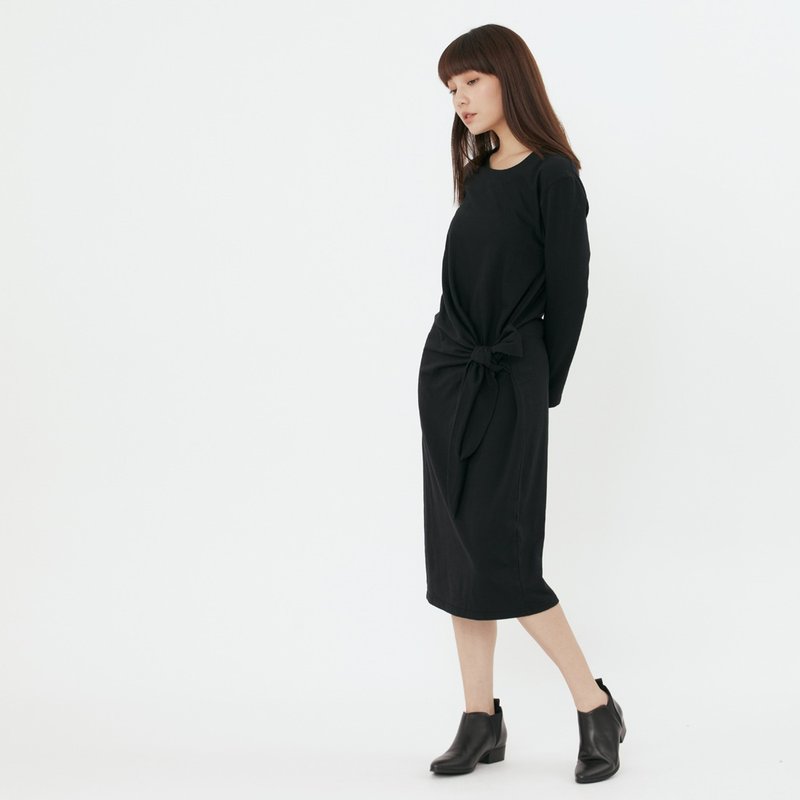 French Terry Long sleeve Waist tie Knee-length dress/Black - ชุดเดรส - ผ้าฝ้าย/ผ้าลินิน สีดำ