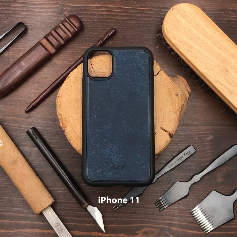 【iPhone Case】Navy Pueblo | Shockproof | Handmade Leather in Hong Kong - เคส/ซองมือถือ - หนังแท้ สีน้ำเงิน