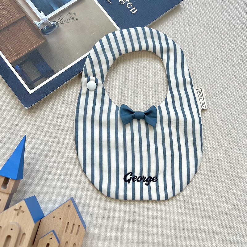 [Customized Embroidery] Fashionable Gentleman Classic Blue Striped Bow Tie Saliva - Bibs - Cotton & Hemp Blue