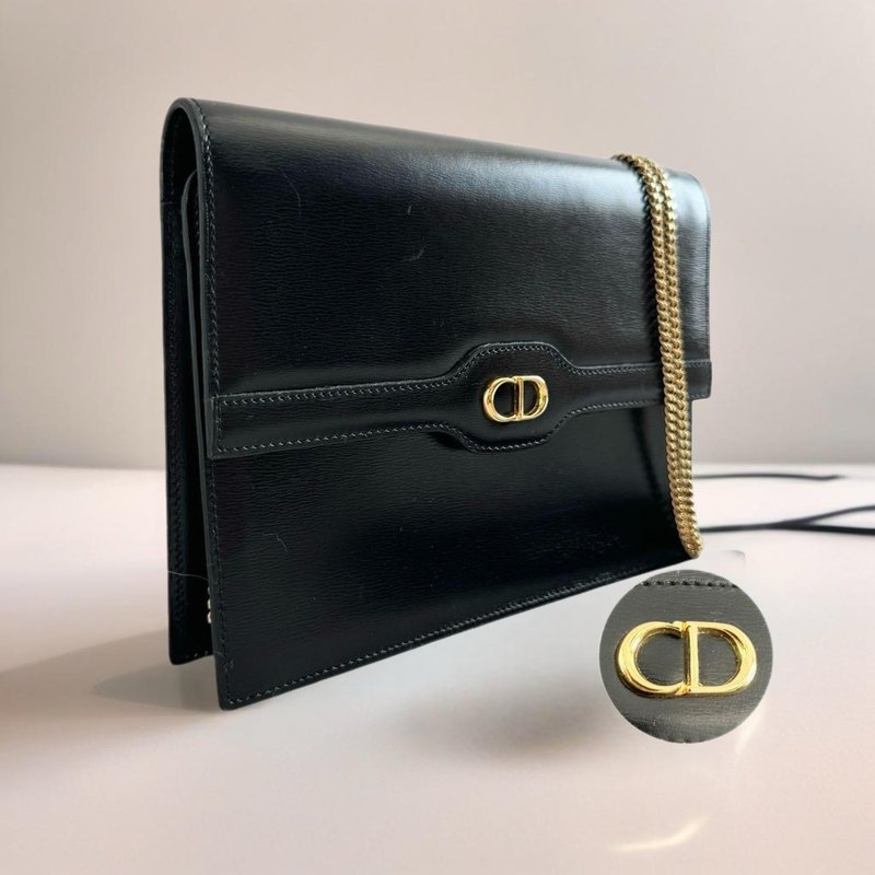 【LA LUNE】Second-hand Dior black gold buckle leather armpit small bag single shoulder side crossbody handbag - Messenger Bags & Sling Bags - Genuine Leather Black