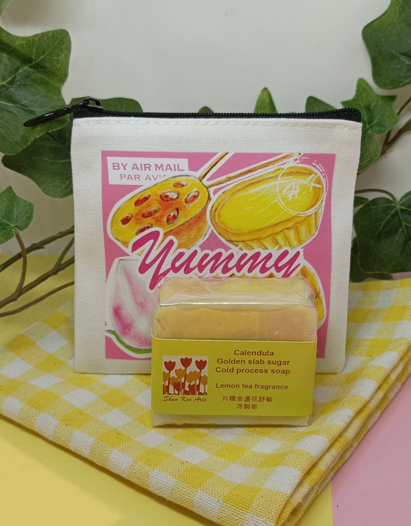 港式食物文創帆布小錢包(港式食物圖案)配片糖金盞花冷製皂 - 手提包/手提袋 - 其他材質 黃色