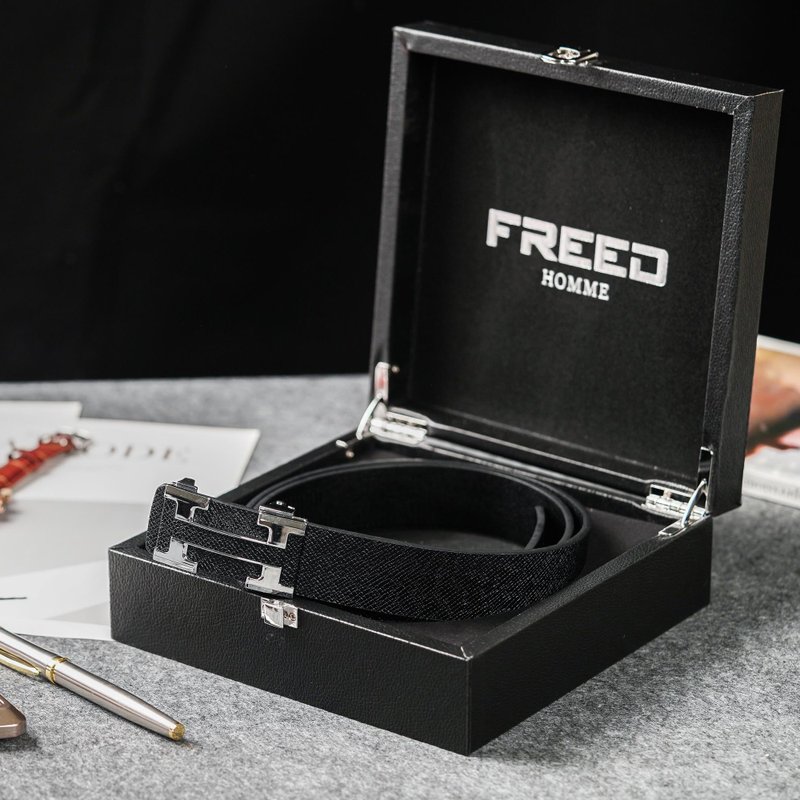 【FREED】時尚英文字母扣頭商務頭層牛皮耐磨自動皮帶 - 腰帶/皮帶 - 真皮 黑色