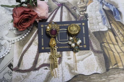Chaos & Ordre Vintage Accessories 【聖母百花聖殿】復古大理石紋黃銅鏤空十字架捷克珠垂墜耳環耳飾