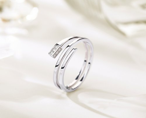 Majade Jewelry Design 鑽石14k白金長方形訂婚戒指 另類環狀矩形求婚鑽戒 三圈結婚戒指