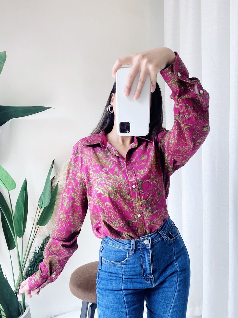 桃紫紅宮廷花紋圖騰 古著翻領純棉襯衫上衣 vintage Shirt - 女襯衫 - 棉．麻 多色