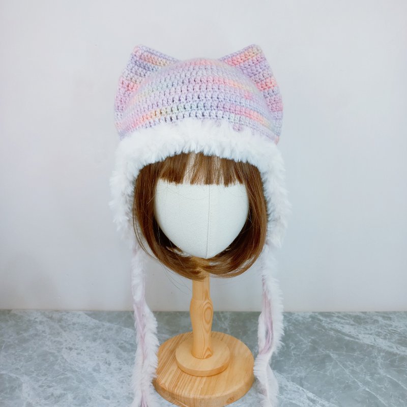 粉彩段染毛毛貓耳帽 護耳帽 毛線帽 手鉤編織帽 - 帽子 - 棉．麻 粉紅色