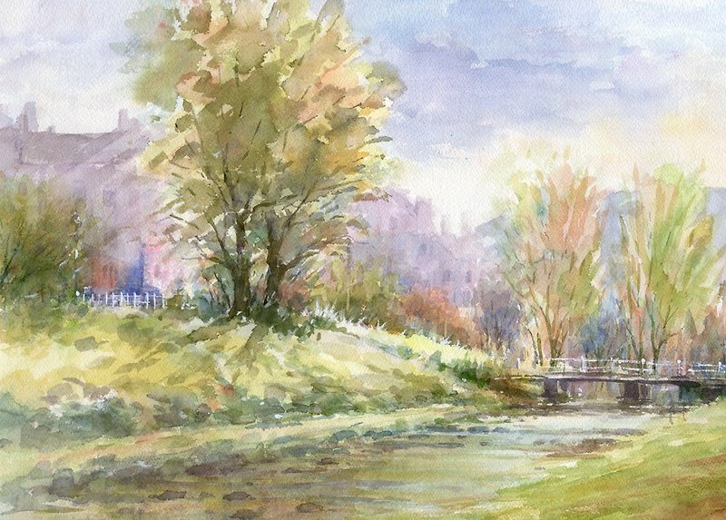 Watercolor painting Autumn sunshine - โปสเตอร์ - กระดาษ สีเขียว