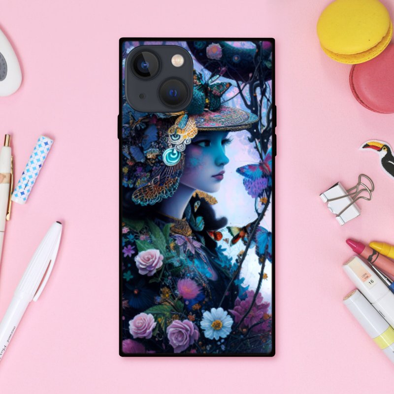 幻想的できらびやかな帽子がゆめかわいい森の中の魔女と花や蝶 スクエア型スマホケース【強化ガラス仕上げ】iPhone16 対応 - 手機殼/手機套 - 塑膠 多色