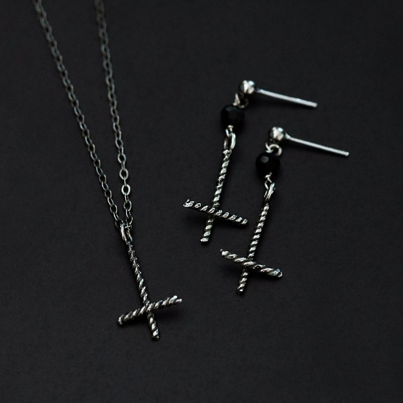 Inverted Cross Gemstone 925 Neckalce Earrings - สร้อยคอ - เงินแท้ สีเงิน