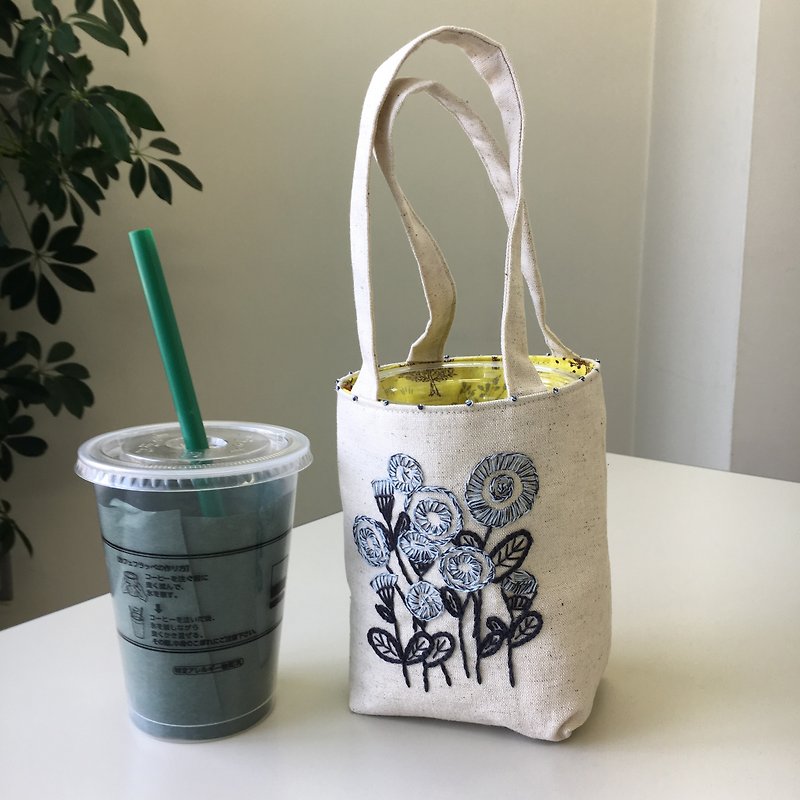 Cafe bag Small flower round - กระเป๋าถือ - ผ้าฝ้าย/ผ้าลินิน ขาว