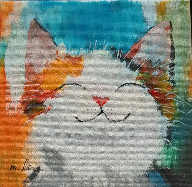 笑一笑就好了  開心小貓的原創系列 原創油畫  獨一無二  立即擁 - 壁貼/牆壁裝飾 - 棉．麻 