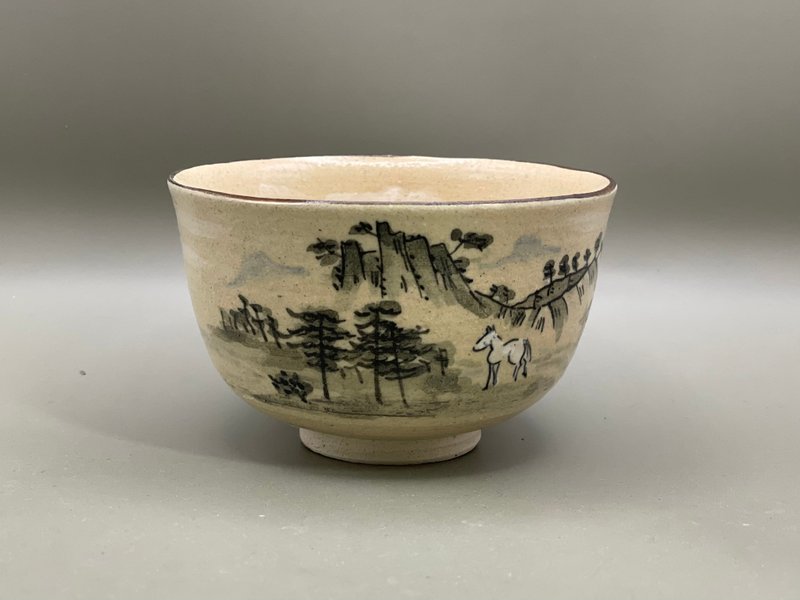 抹茶茶碗 馬の絵 - 碗 - 陶 白色