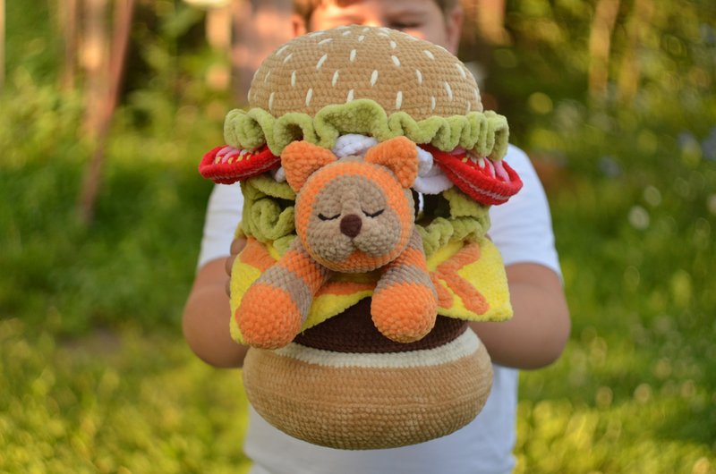 Burger Pattern Crochet, Big Plush Burger, Decorative Pillow toy CatBurger - 線上教學/教學影片 - 其他材質 