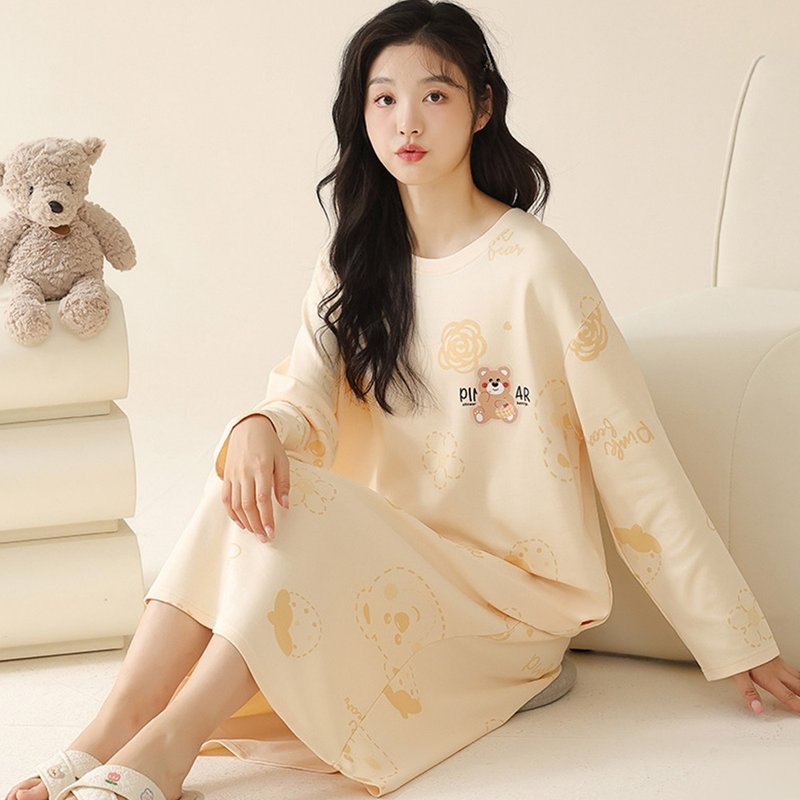 Pink Lady 棉柔連身睡裙 小熊塗鴉 印花圓領 長袖女睡衣居家服 - 睡衣/居家服 - 其他人造纖維 黃色