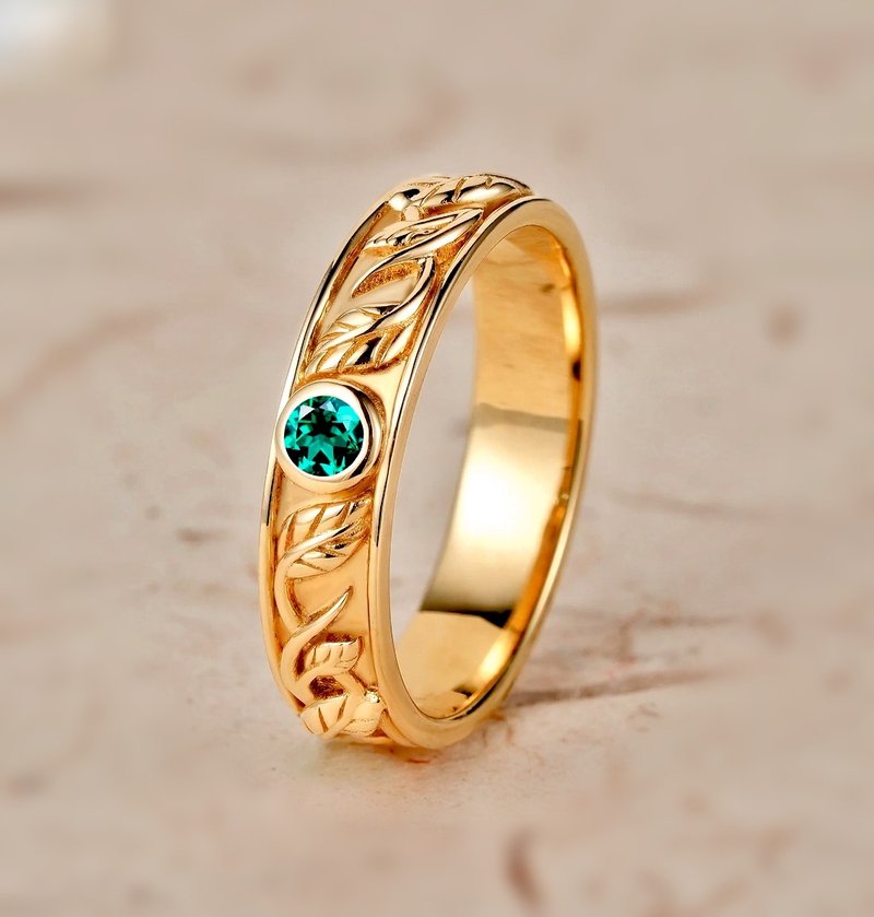 Men's Emerald Leaf Band | 14k Gold Ring | Green Gemstone - 對戒 - 純銀 綠色