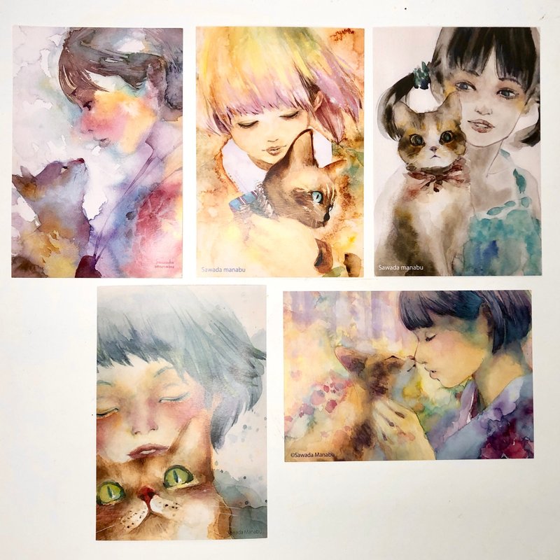 Manabu Sawada 一套 5 張描繪貓和女孩的明信片。 - 卡片/明信片 - 紙 
