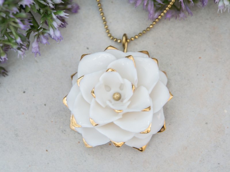 Thai Blossom ~ white & gold porcelain flower pendant ~ size L. - Necklaces - Pottery White