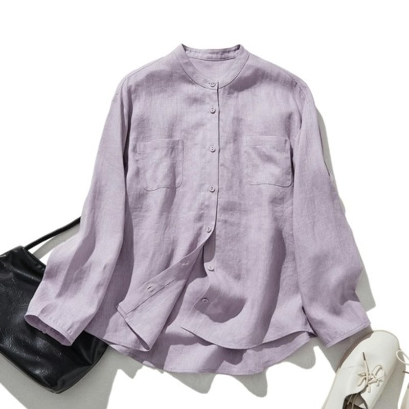 A clean and mature Linen shirt Linen from 100% linen, long sleeves, purple 240316-2 - Women's Tops - Cotton & Hemp 