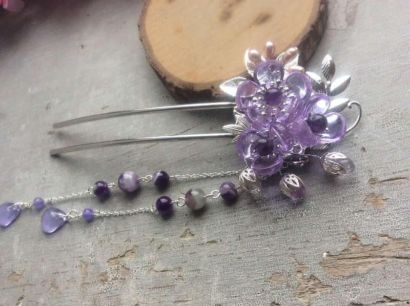 Handmade by meow~Chinese colored glaze plum hairpin (transparent purple/ Silver) - Hair Accessories - Other Materials Purple
