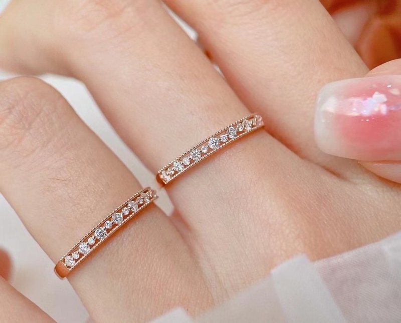 14K | 珠簍空花邊鑽石線戒 - 戒指 - 鑽石 