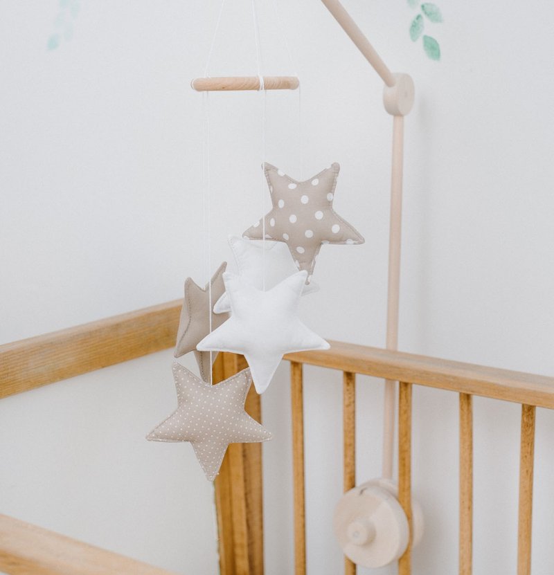 Beige neutral star nursery mobile - mobile hanging for baby - unisex nursery - 嬰兒床/床圍/寢具 - 棉．麻 咖啡色