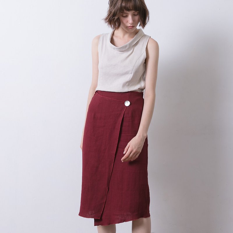Big button wrap midi pencil skirt - Crimson - กระโปรง - ผ้าฝ้าย/ผ้าลินิน สีแดง