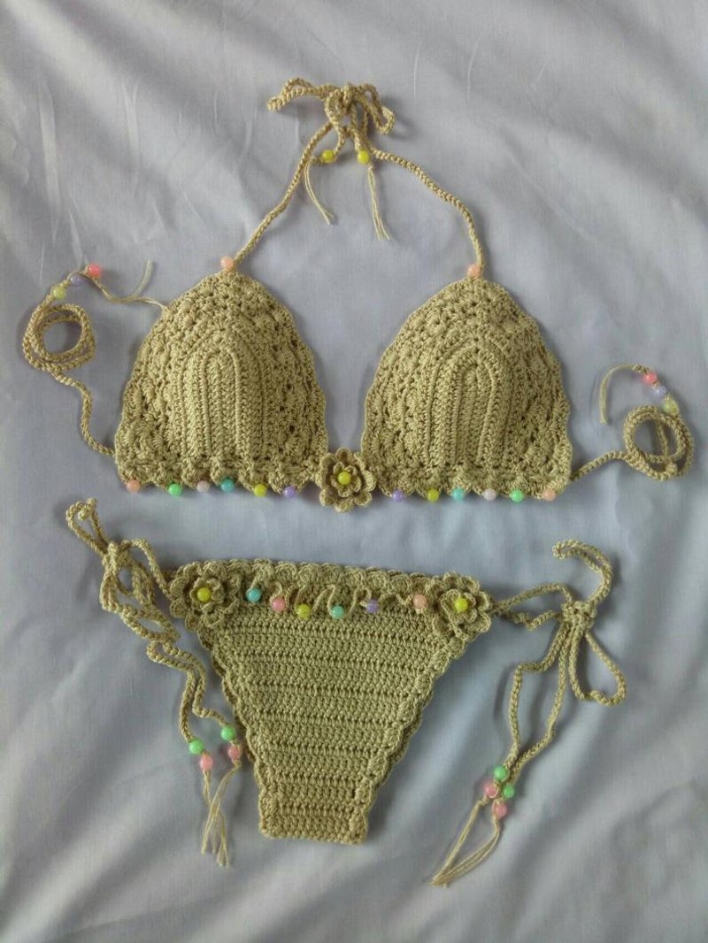 Crochet Bikini Cute for Lady Set Swimsuit Swimwear Sexy Bikini Women Summer gift - 女上衣/長袖上衣 - 其他材質 金色